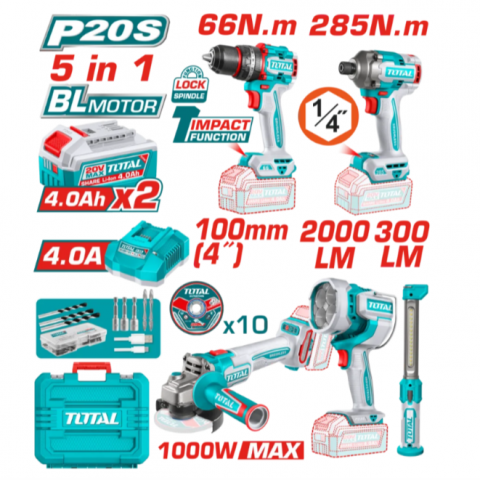20V 電鑽衝擊起子砂輪工作燈五機組 - X069210